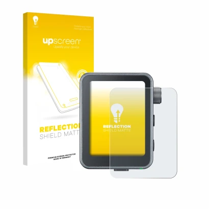 Parte frontal de un envase de producto con el logotipo de la marca upscreen. Al lado se muestra el dispositivo Godox X3 Pro co