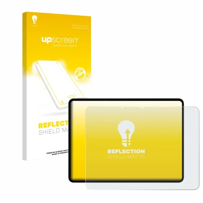 Parte frontal de un envase de producto con el logotipo de la marca upscreen. Al lado se muestra el dispositivo realme Pad 3 co