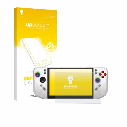 Parte frontal de un envase de producto con el logotipo de la marca upscreen. Al lado se muestra el dispositivo MSI Claw A8 BZ2