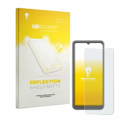 Parte frontal de un envase de producto con el logotipo de la marca upscreen. Al lado se muestra el dispositivo Sonim XP Pro Th