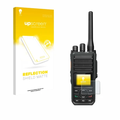 Parte frontal de un envase de producto con el logotipo de la marca upscreen. Al lado se muestra el dispositivo Hytera HP565 co