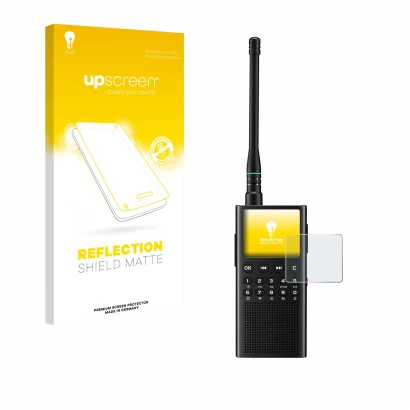 Parte frontal de un envase de producto con el logotipo de la marca upscreen. Al lado se muestra el dispositivo Choyong WT2 con
