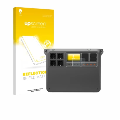 Parte frontal de un envase de producto con el logotipo de la marca upscreen. Al lado se muestra el dispositivo DJI Power 2000 