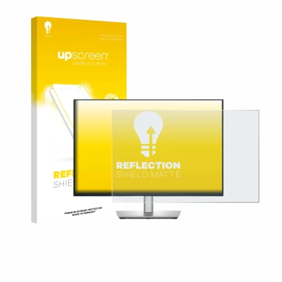 Parte frontal de un envase de producto con el logotipo de la marca upscreen. Al lado se muestra el dispositivo Dell P2425E con