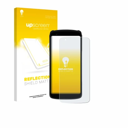 Parte frontal de un envase de producto con el logotipo de la marca upscreen. Al lado se muestra el dispositivo Zebra TC22R con