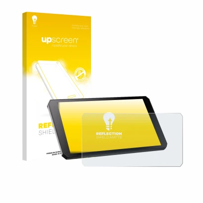 Parte frontal de un envase de producto con el logotipo de la marca upscreen. Al lado se muestra el dispositivo RiderNav R7M co