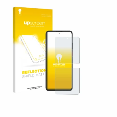 Parte frontal de un envase de producto con el logotipo de la marca upscreen. Al lado se muestra el dispositivo Nubia Flip 2 co