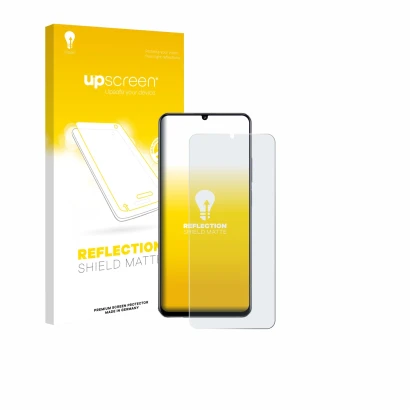 Parte frontal de un envase de producto con el logotipo de la marca upscreen. Al lado se muestra el dispositivo realme Note 70