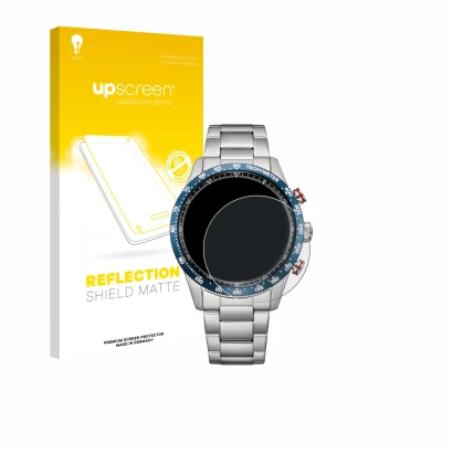 Parte frontal de un envase de producto con el logotipo de la marca upscreen. Al lado se muestra el dispositivo Citizen CA4716-