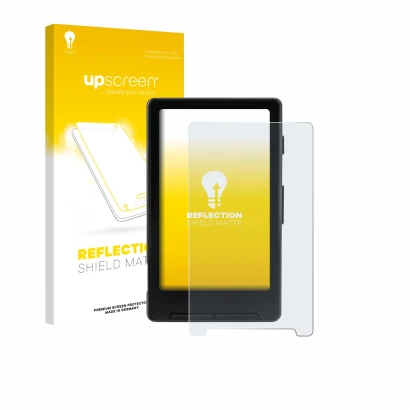 Parte frontal de un envase de producto con el logotipo de la marca upscreen. Al lado se muestra el dispositivo Xteink X4 con s