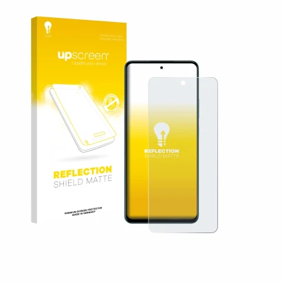 Parte frontal de un envase de producto con el logotipo de la marca upscreen. Al lado se muestra el dispositivo Oppo A5 4G con