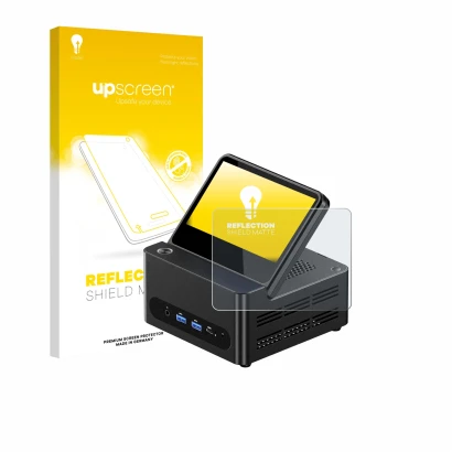 Parte frontal de un envase de producto con el logotipo de la marca upscreen. Al lado se muestra el dispositivo AOOSTAR G-FLIP
