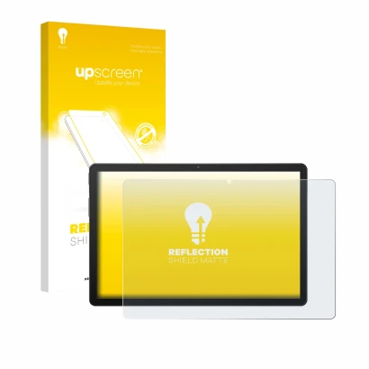 Parte frontal de un envase de producto con el logotipo de la marca upscreen. Al lado se muestra el dispositivo Sunmi CPad 14