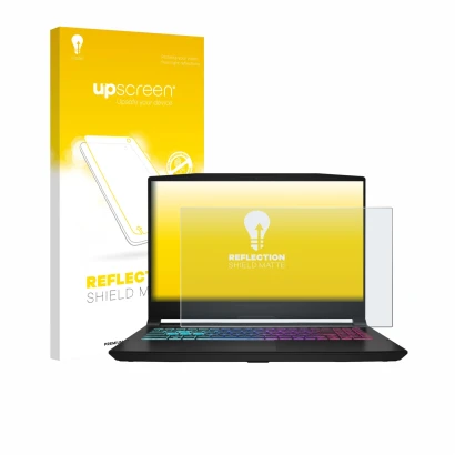 Parte frontal de un envase de producto con el logotipo de la marca upscreen. Al lado se muestra el dispositivo MSI Katana 15 H