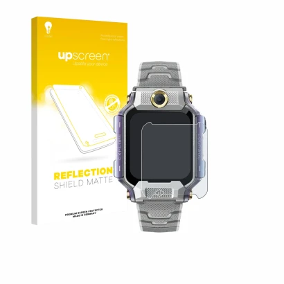 Parte frontal de un envase de producto con el logotipo de la marca upscreen. Al lado se muestra el dispositivo Imoo Watch Phon