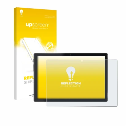 Parte frontal de un envase de producto con el logotipo de la marca upscreen. Al lado se muestra el dispositivo Lisciani Mio Ta