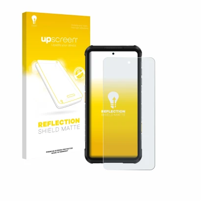 Parte frontal de un envase de producto con el logotipo de la marca upscreen. Al lado se muestra el dispositivo Ulefone RugOne