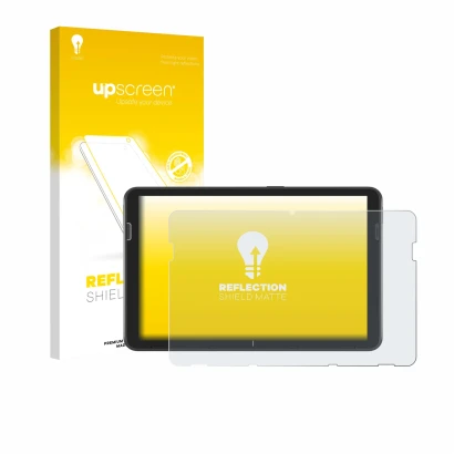 Parte frontal de un envase de producto con el logotipo de la marca upscreen. Al lado se muestra el dispositivo Zebra ET401 10.
