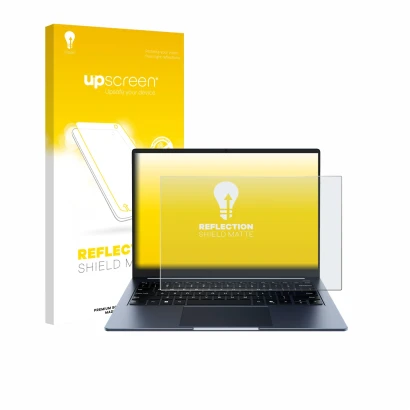 Parte frontal de un envase de producto con el logotipo de la marca upscreen. Al lado se muestra el dispositivo Chuwi CoreBook