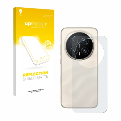 Parte frontal de un envase de producto con el logotipo de la marca upscreen. Al lado se muestra el dispositivo Honor Magic 8 P