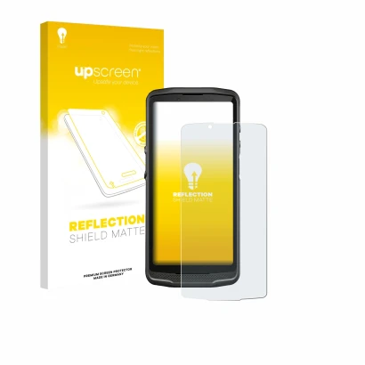 Parte frontal de un envase de producto con el logotipo de la marca upscreen. Al lado se muestra el dispositivo Crosscall Core