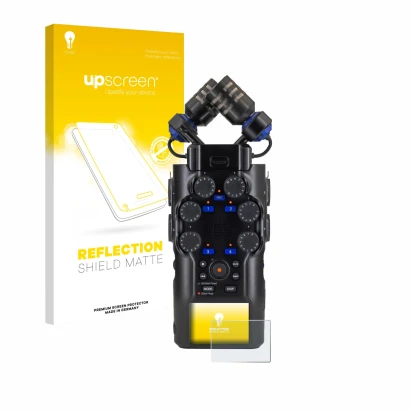 Parte frontal de un envase de producto con el logotipo de la marca upscreen. Al lado se muestra el dispositivo Zoom H6 studio