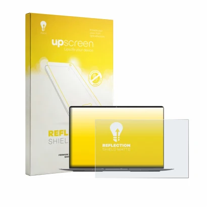 Parte frontal de un envase de producto con el logotipo de la marca upscreen. Al lado se muestra el dispositivo Geekom GeekBook