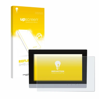 Parte frontal de un envase de producto con el logotipo de la marca upscreen. Al lado se muestra el dispositivo WAGO Visu Panel