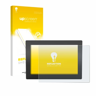 Parte frontal de un envase de producto con el logotipo de la marca upscreen. Al lado se muestra el dispositivo WAGO Web Panel