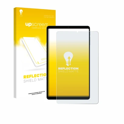 Parte frontal de un envase de producto con el logotipo de la marca upscreen. Al lado se muestra el dispositivo Teclast T50 Min