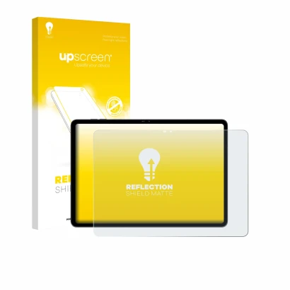 Parte frontal de un envase de producto con el logotipo de la marca upscreen. Al lado se muestra el dispositivo Blackview MEGA 