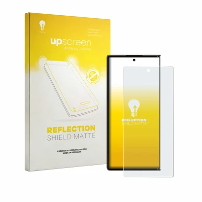 Parte frontal de un envase de producto con el logotipo de la marca upscreen. Al lado se muestra el dispositivo Huawei Mate XT