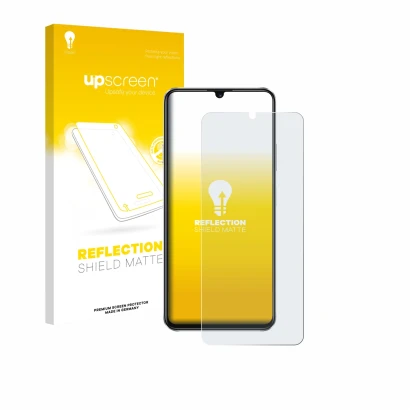Parte frontal de un envase de producto con el logotipo de la marca upscreen. Al lado se muestra el dispositivo Huawei Nova Y63