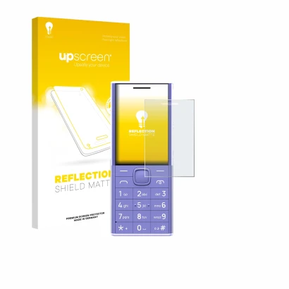 Parte frontal de un envase de producto con el logotipo de la marca upscreen. Al lado se muestra el dispositivo Nokia 150 Music