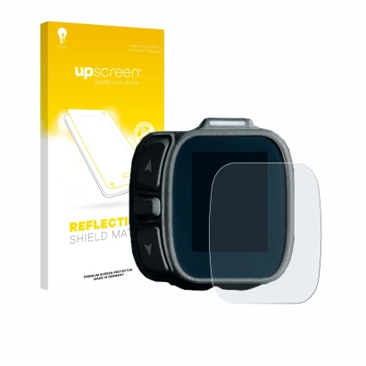 Parte frontal de un envase de producto con el logotipo de la marca upscreen. Al lado se muestra el dispositivo Giant Ridecontr