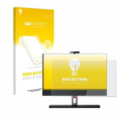 Parte frontal de un envase de producto con el logotipo de la marca upscreen. Al lado se muestra el dispositivo Lenovo ThinkCen