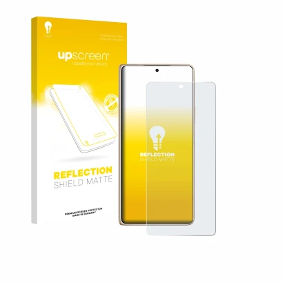 Parte frontal de un envase de producto con el logotipo de la marca upscreen. Al lado se muestra el dispositivo Honor Magic V6