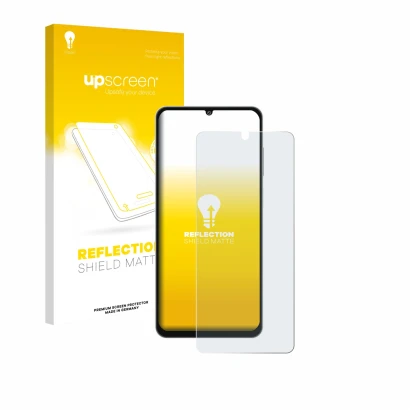Parte frontal de un envase de producto con el logotipo de la marca upscreen. Al lado se muestra el dispositivo Samsung Galaxy 