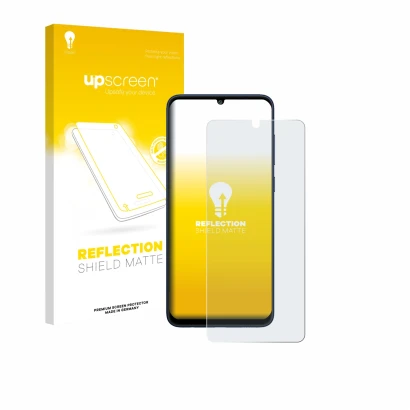 Parte frontal de un envase de producto con el logotipo de la marca upscreen. Al lado se muestra el dispositivo Samsung Galaxy