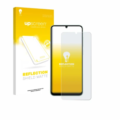 Parte frontal de un envase de producto con el logotipo de la marca upscreen. Al lado se muestra el dispositivo Samsung Galaxy