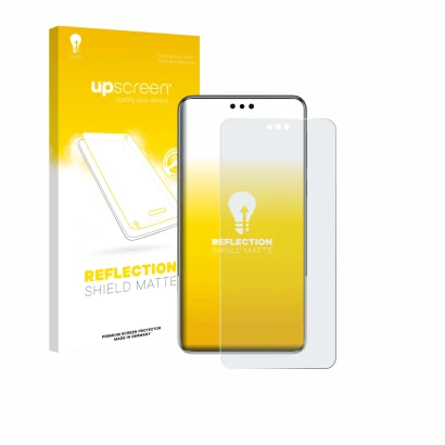 Parte frontal de un envase de producto con el logotipo de la marca upscreen. Al lado se muestra el dispositivo Huawei Mate 60 