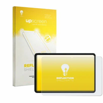 Parte frontal de un envase de producto con el logotipo de la marca upscreen. Al lado se muestra el dispositivo Tecno MEGAPAD 2