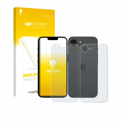 Parte frontal de un envase de producto con el logotipo de la marca upscreen. Al lado se muestra el dispositivo Apple iPhone 17