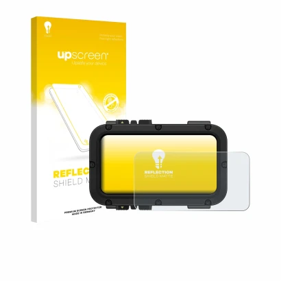 Parte frontal de un envase de producto con el logotipo de la marca upscreen. Al lado se muestra el dispositivo Suunto Nautic c