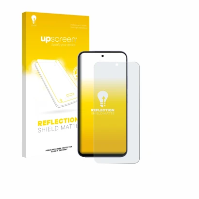 Parte frontal de un envase de producto con el logotipo de la marca upscreen. Al lado se muestra el dispositivo Oppo A6x 5G con