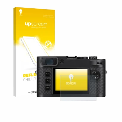 Parte frontal de un envase de producto con el logotipo de la marca upscreen. Al lado se muestra el dispositivo Leica M EV1 con