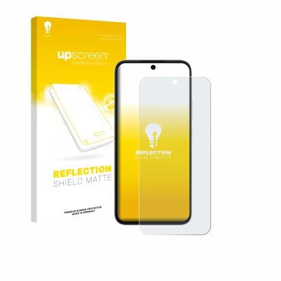 Parte frontal de un envase de producto con el logotipo de la marca upscreen. Al lado se muestra el dispositivo Oppo A6s 5G con