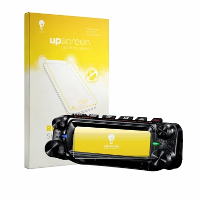 Parte frontal de un envase de producto con el logotipo de la marca upscreen. Al lado se muestra el dispositivo Yaesu FTM-310 c