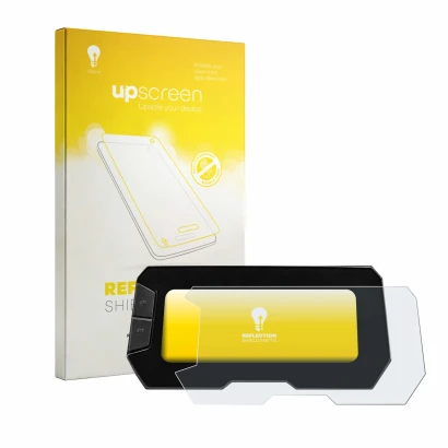 Parte frontal de un envase de producto con el logotipo de la marca upscreen. Al lado se muestra el dispositivo Honda CB125R 20