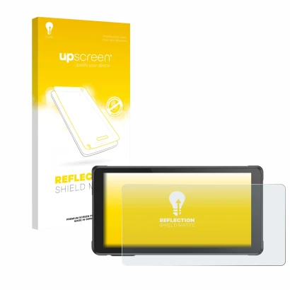 Parte frontal de un envase de producto con el logotipo de la marca upscreen. Al lado se muestra el dispositivo Interphone Ride